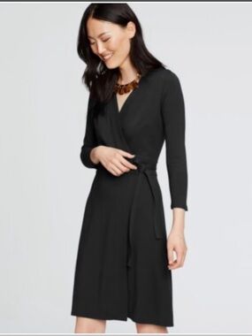 Ann Taylor Black Long-Sleeve Wrap Dress with Tie 3/4 length sleeves